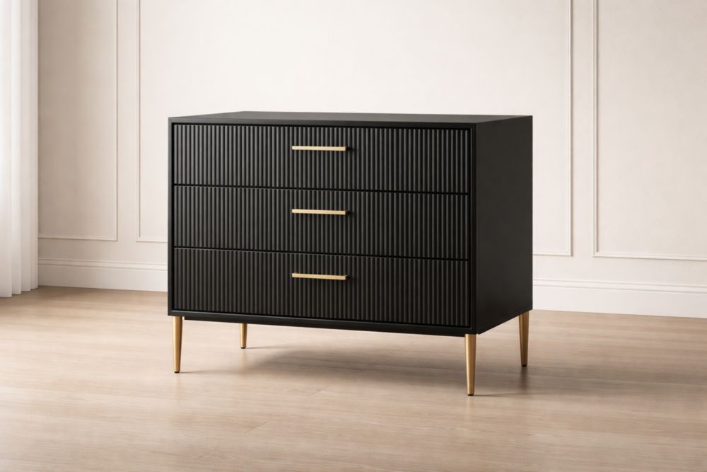 Cassettiera in legno nero con tre cassetti e maniglie in metallo