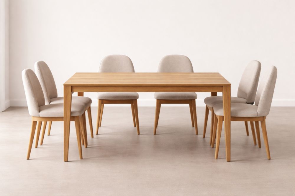 Set Tavolo Rettangolare Legno con 6 Sedie Imbottite Tessuto Beige