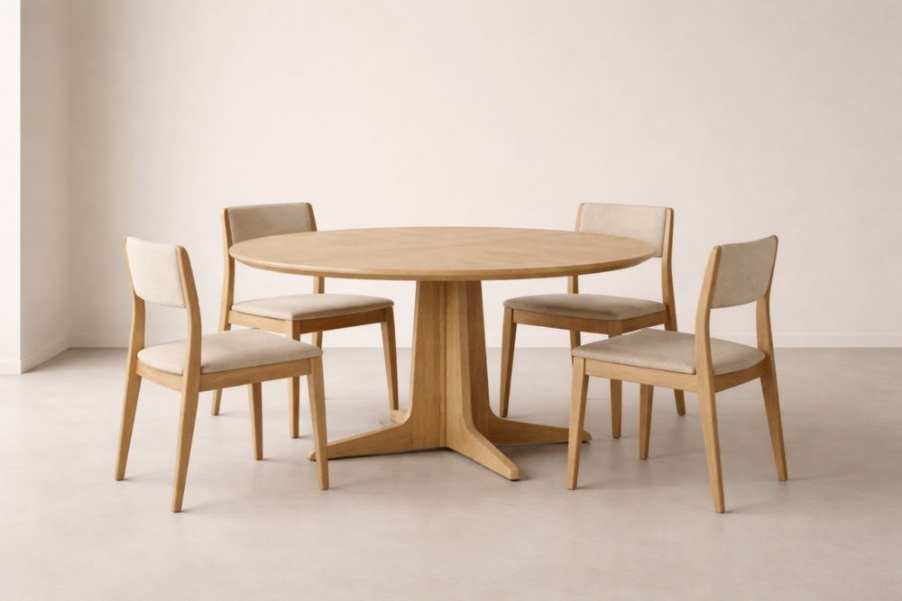 Set Tavolo Rotondo Legno con 4 Sedie Imbottite