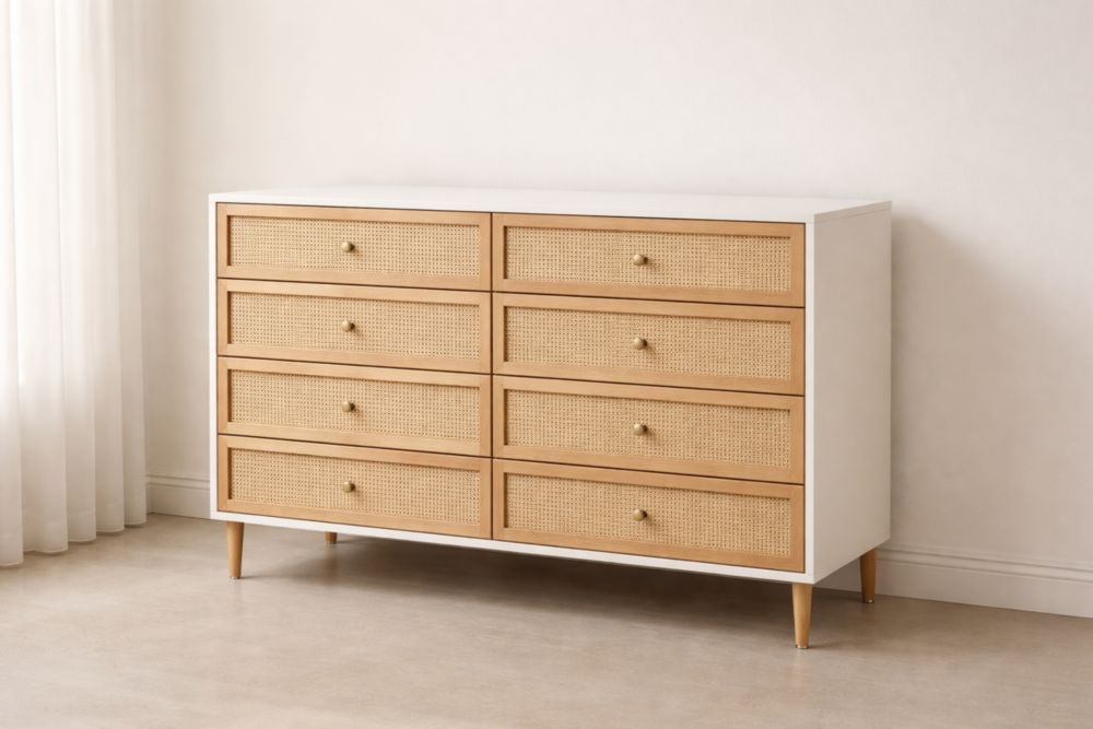 Cassettiera in MDF e Rattan 8 Cassetti Bianco Naturale