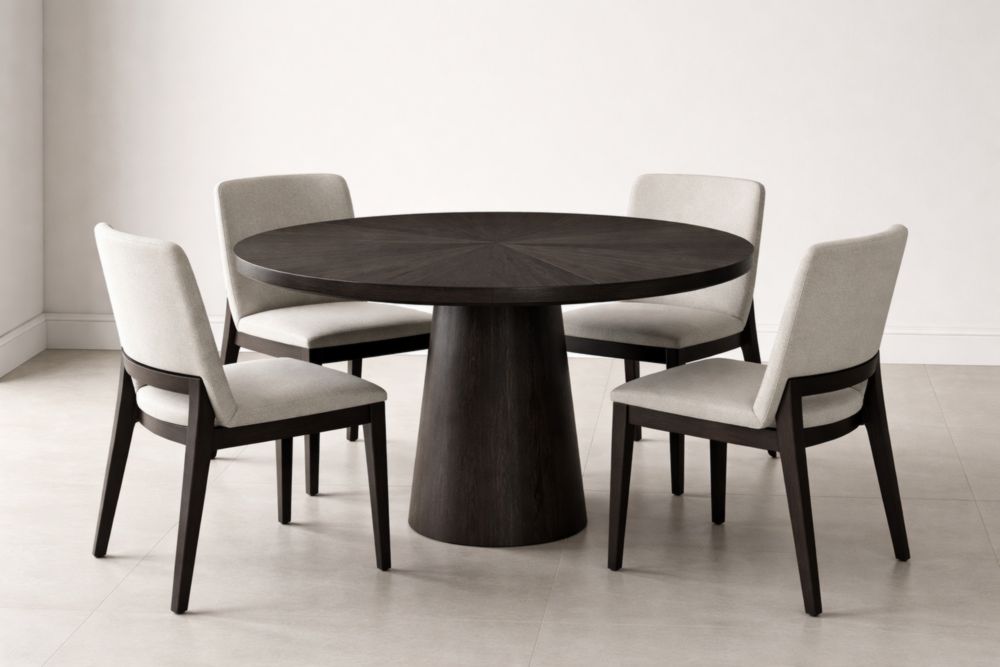 Set Tavolo Rotondo Legno Noce con 4 Sedie Imbottite Crema