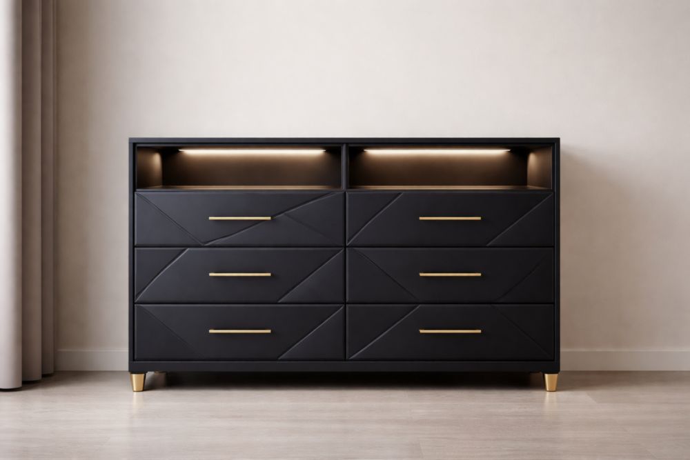 Comò a 6 Cassetti Nero con Ripiani LED