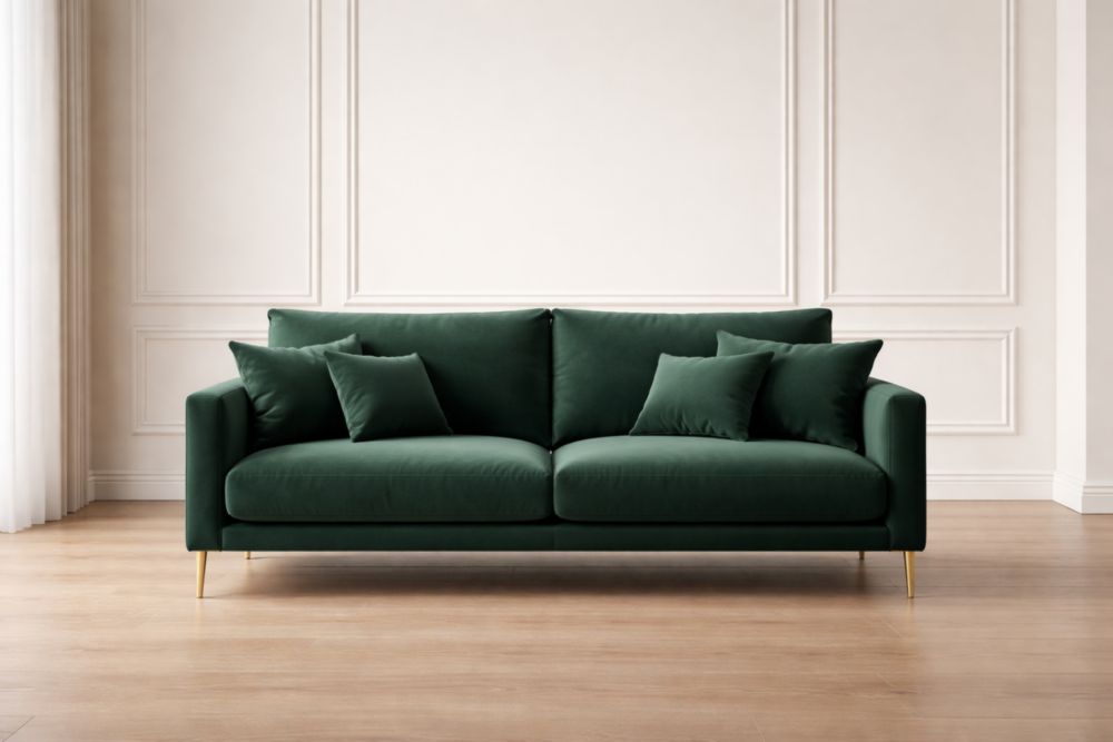 Divano in Velluto Verde con Gambe in Metallo Oro