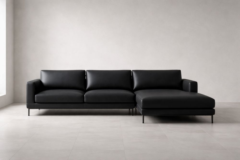 Divano Angolare in Pelle Nero con Chaise Longue