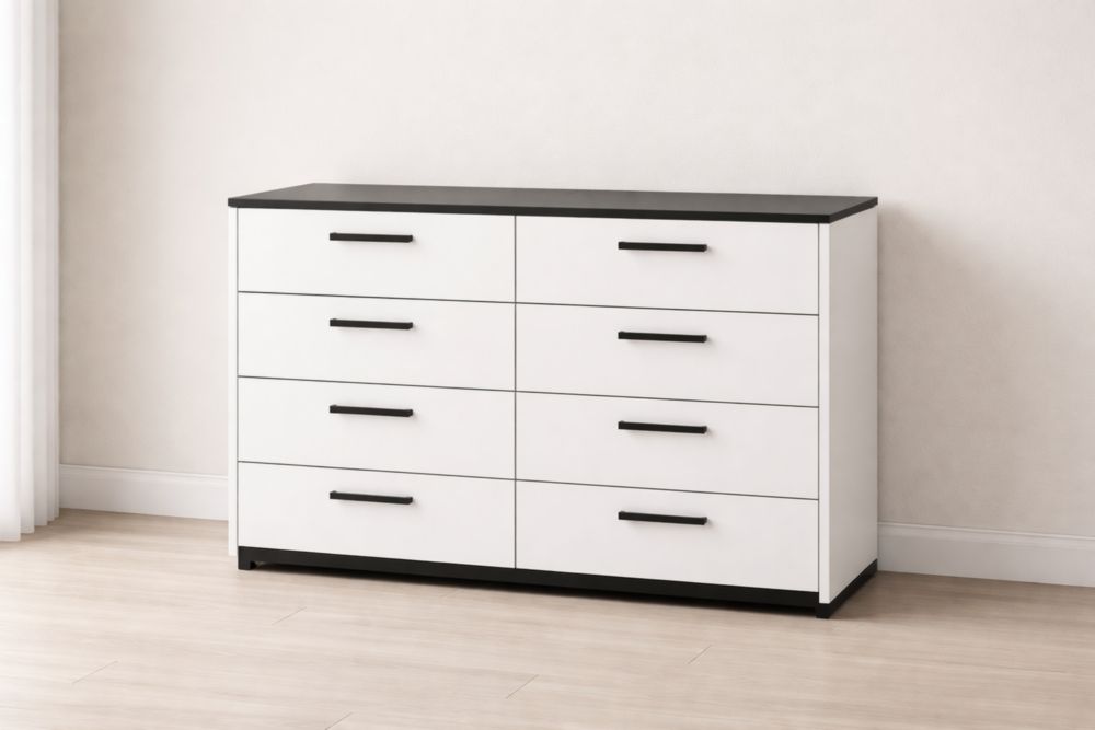 Cassettiera 8 Cassetti Legno MDF Bianco/Nero 120x40x90cm