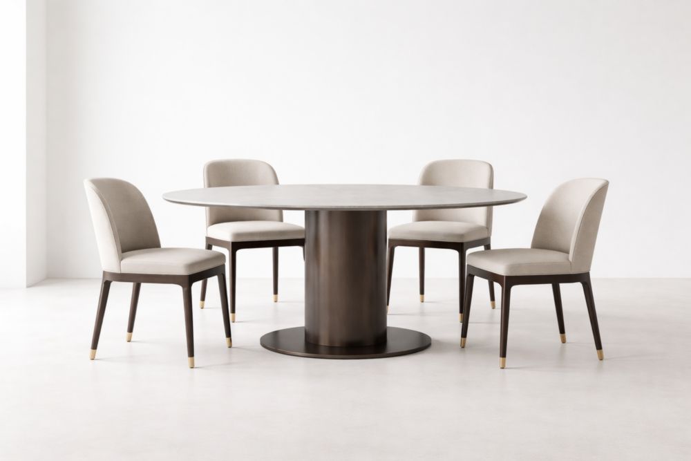 Set da pranzo tavolo rotondo in legno e metallo con 4 sedie in tessuto grigio