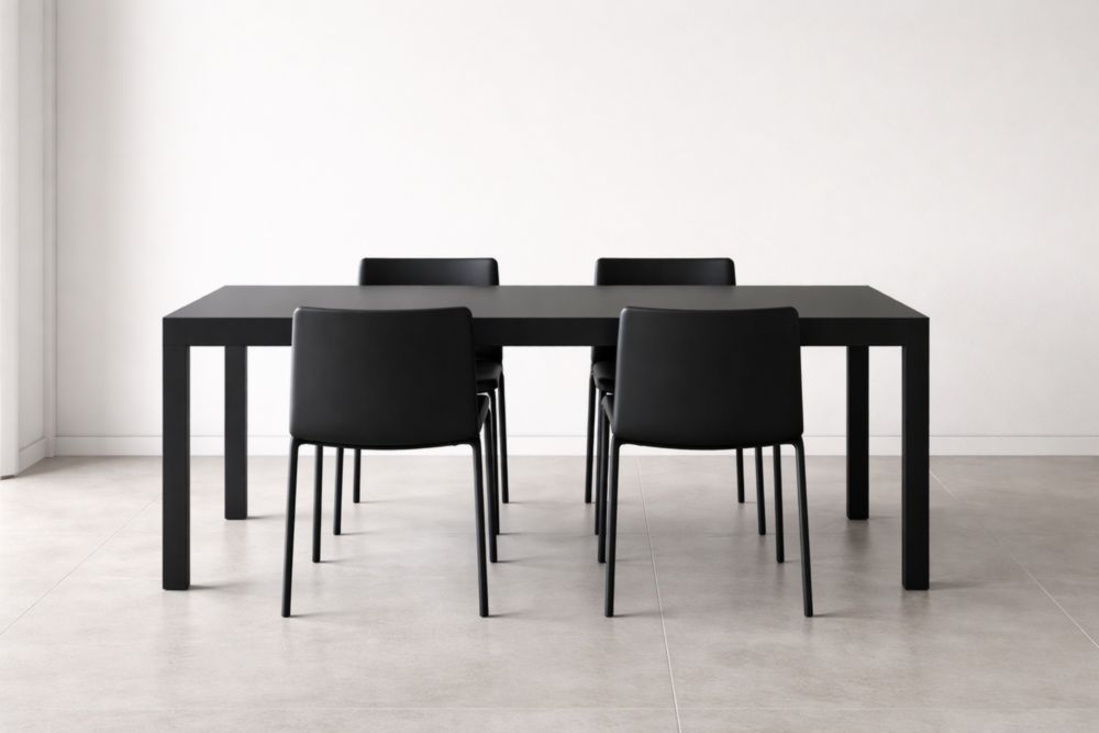 Set tavolo e sedie pranzo in metallo nero con rivestimento in ecopelle