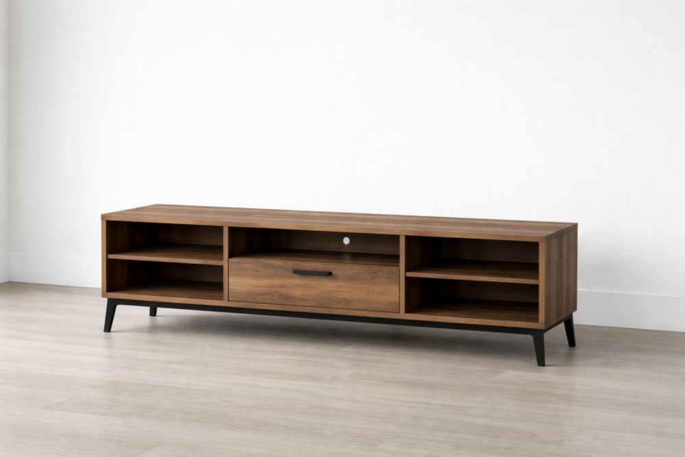 Mobile TV in legno MDF noce con cassetto centrale e metallo nero