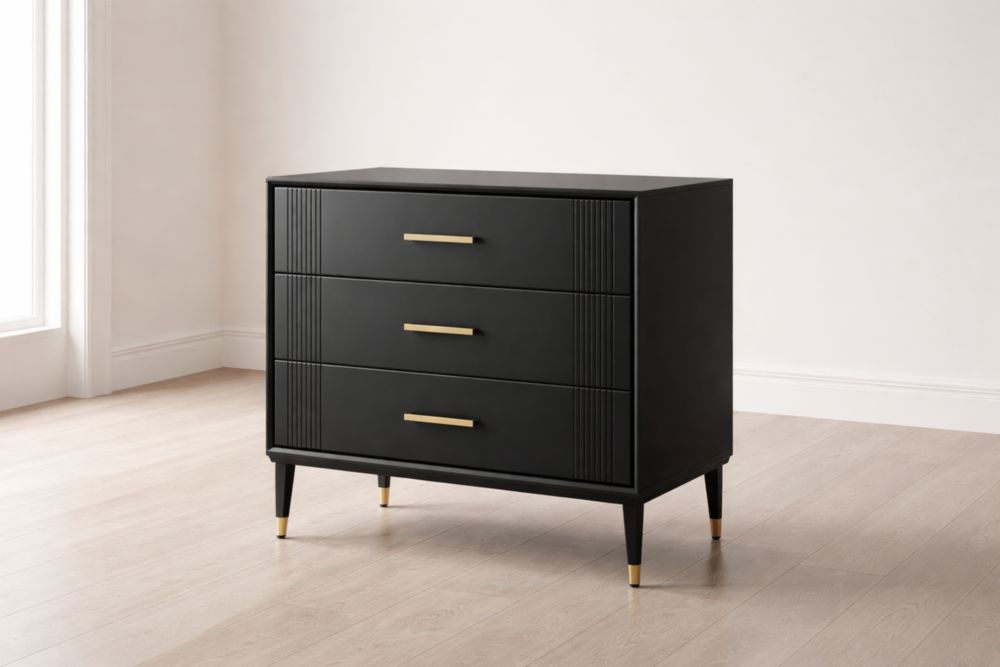 Cassettiera in MDF nero a 3 cassetti con maniglie dorate