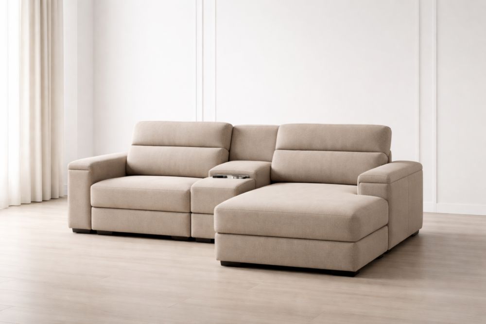 Divano componibile angolare in tessuto con chaise longue e portaoggetti