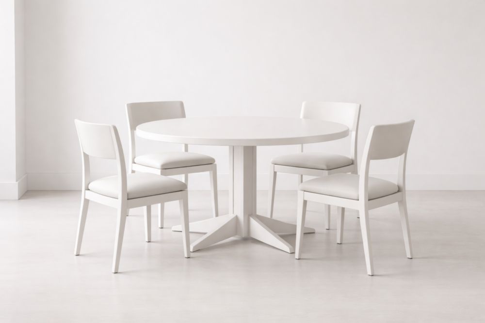 Set Tavolo Rotondo da Pranzo in Legno con 4 Sedie Imbottite Bianche
