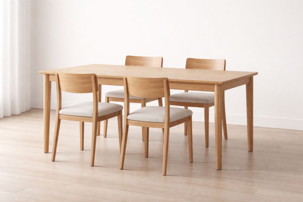Set tavolo da pranzo in legno massello con 4 sedie imbottite, colore Naturale