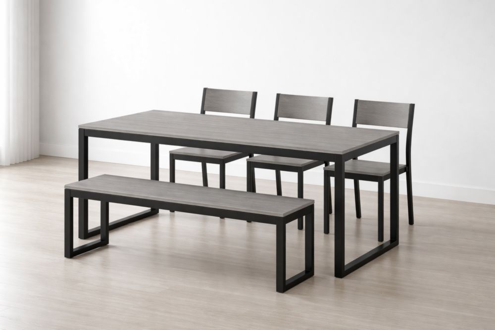 Set da Pranzo in Legno e Metallo con Tre Sedie e Panchina