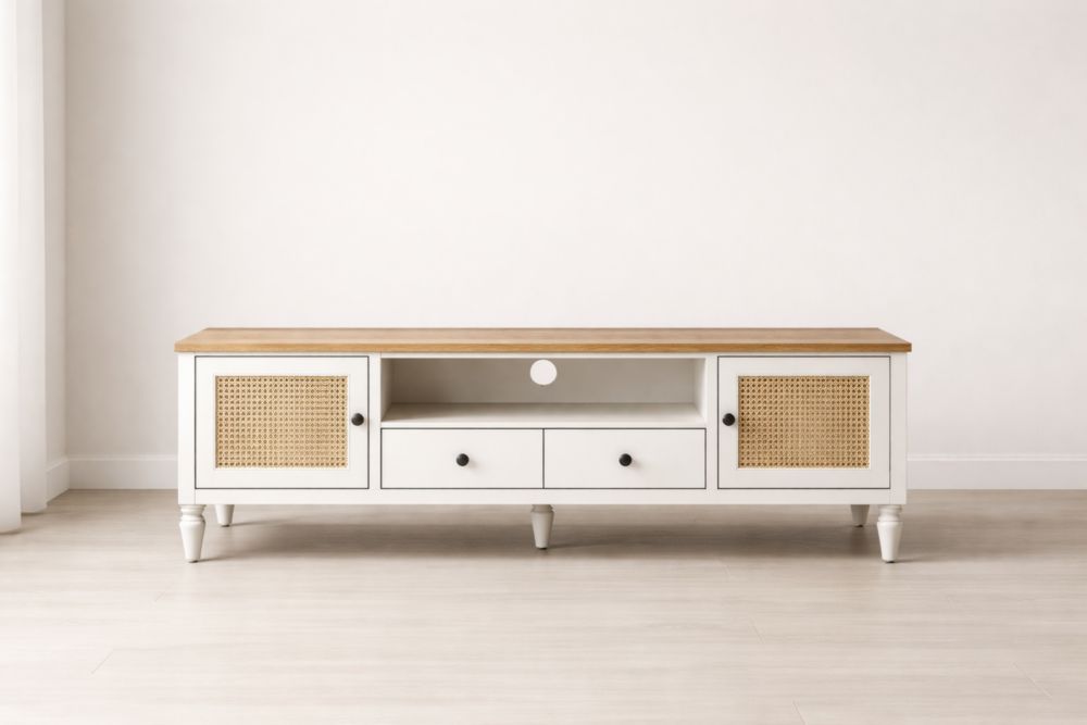 Mobile Porta TV in Legno Bianco e Rattan con Cassetti