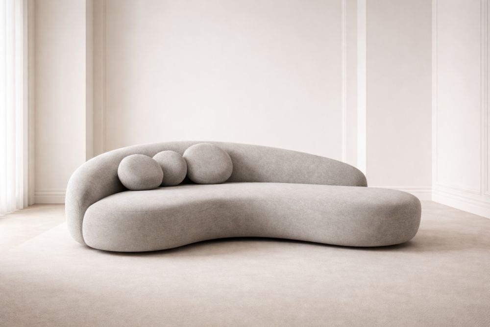 Divano curva in tessuto poliestere grigio con cuscini decorativi