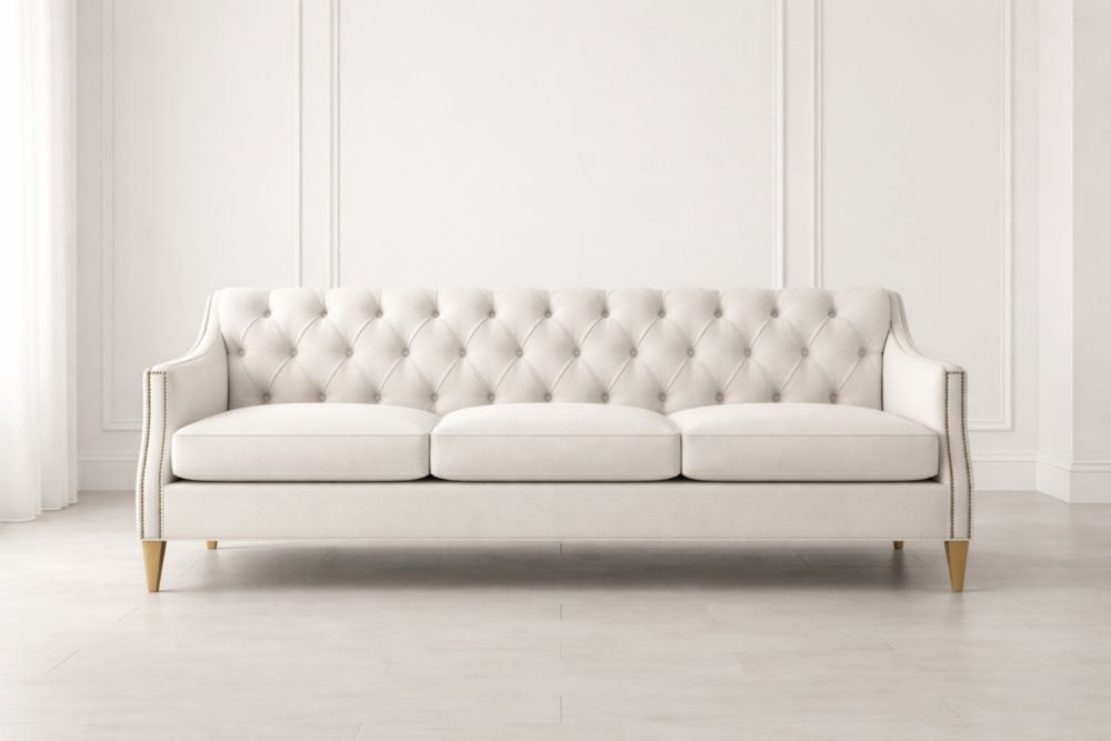 Divano 3 Posti in Tessuto Bianco con Gambe in Legno