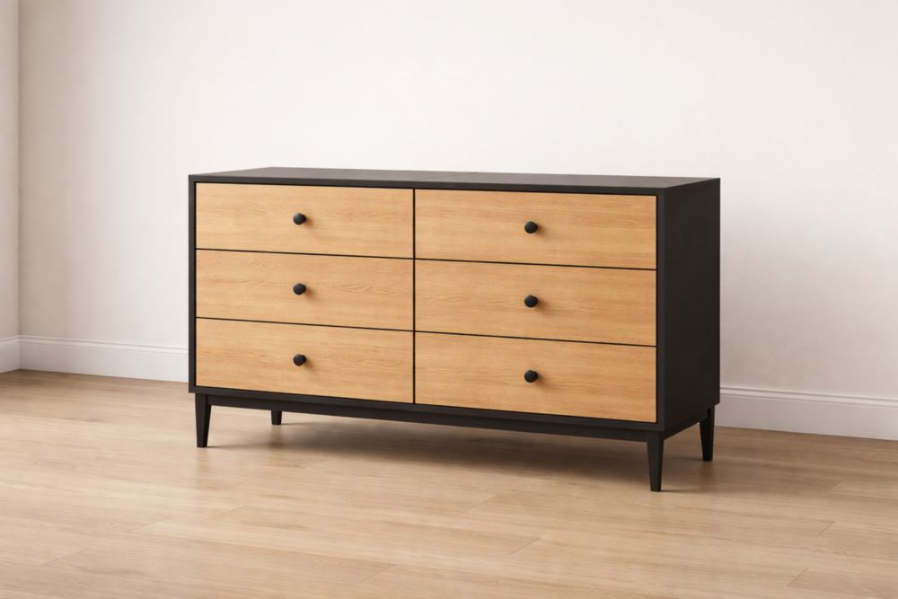 Cassettiera in Legno e Metallo Nero con Sei Cassetti