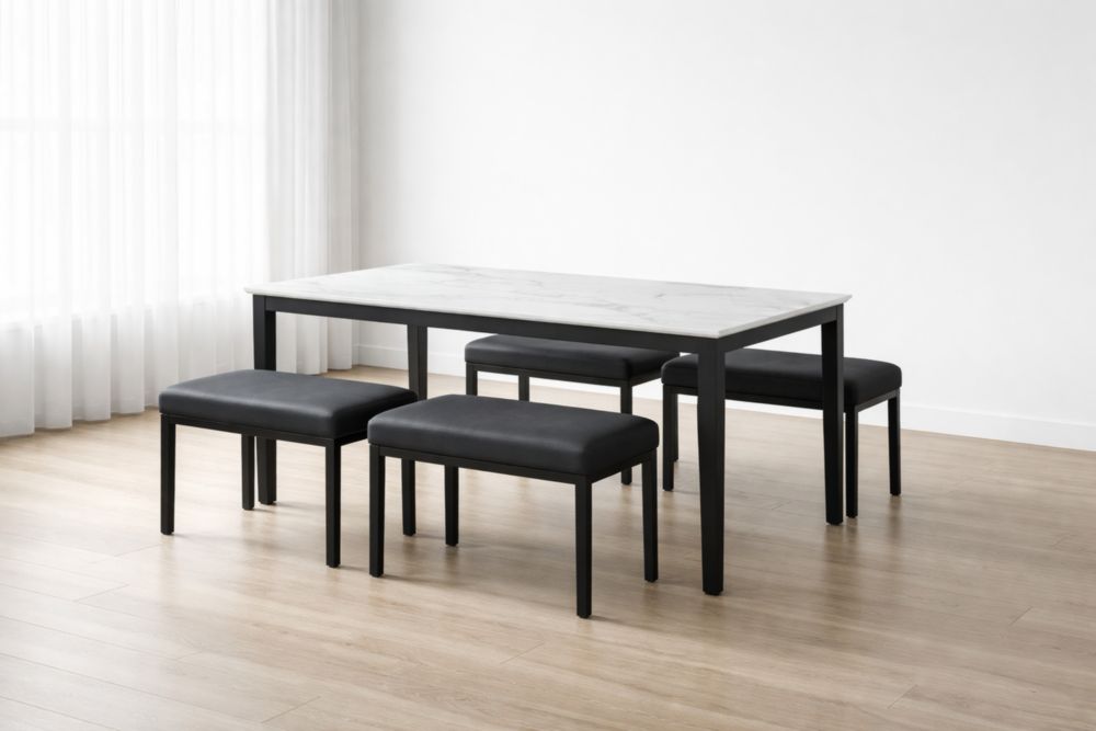 Set tavolo da pranzo rettangolare in marmo bianco e sedili neri in eco-pelle con struttura in metallo