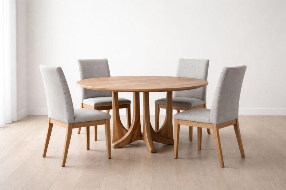 Set sala da pranzo tavolo rotondo legno e 4 sedie tessuto