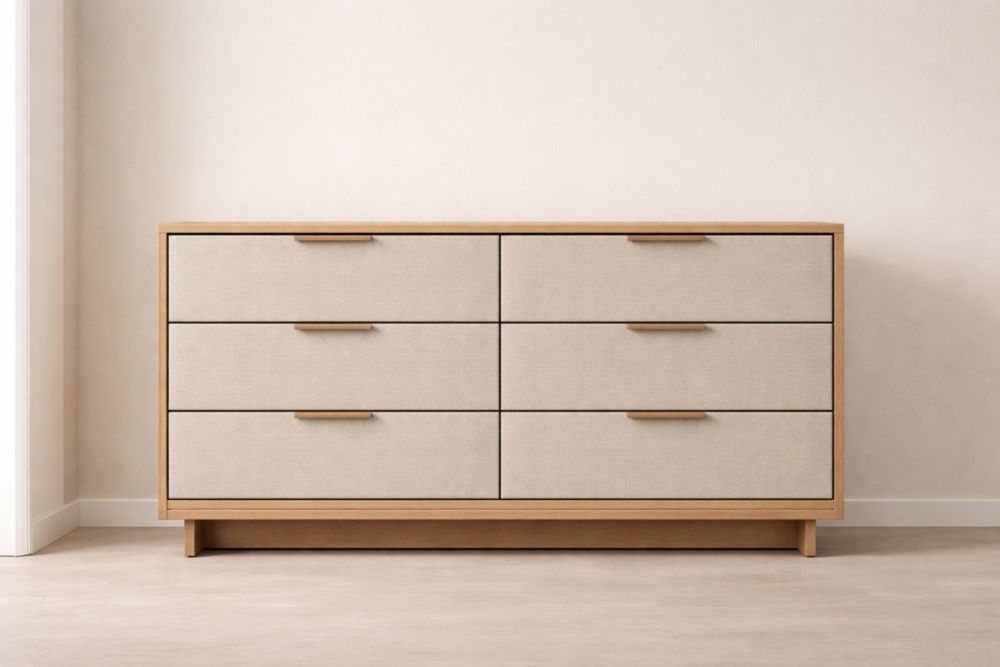 Cassettiera con 6 cassetti in legno e tessuto Beige 120x40x80 cm