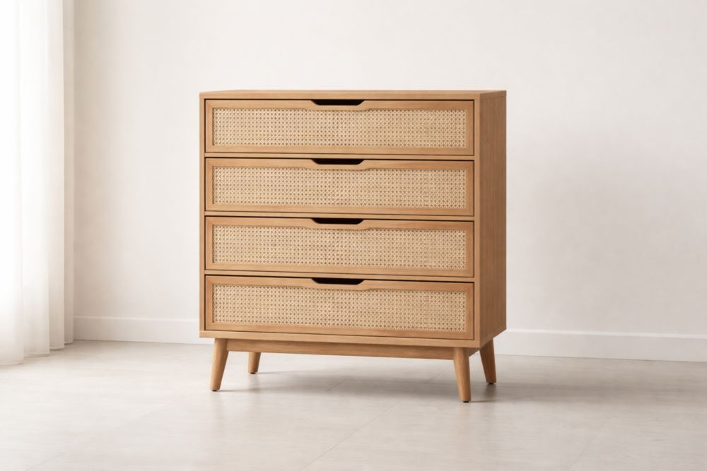 Cassettiera 4 cassetti in Legno e Rattan 90x40x110 cm