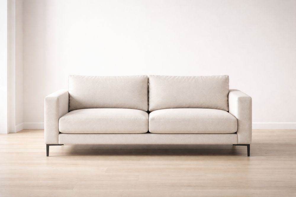 Divano 2 posti in tessuto beige con gambe in metallo