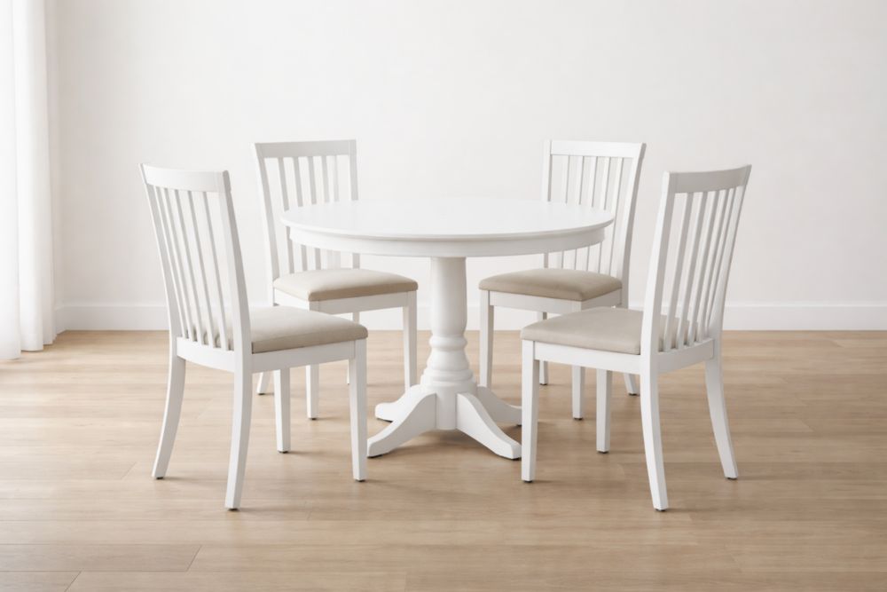 Set Tavolo Rotondo e 4 Sedie in Legno Bianco