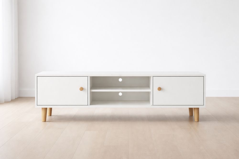 Mobile TV in MDF bianco con gambe in legno 140x40x45 cm