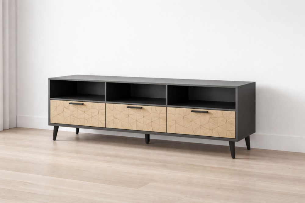 Mobile TV in MDF con cassetti decorati e ripiani aperti Nero/Beige 150x40x50 cm