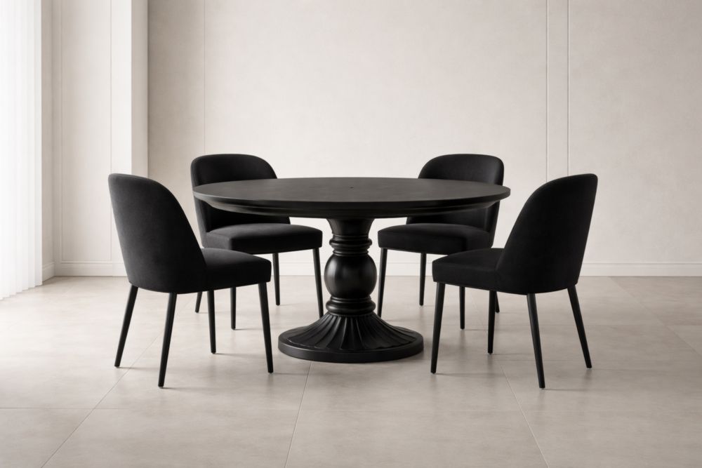 Set da Pranzo Tavolo Rotondo in Legno Massello e Sedie in Poliestere Nero