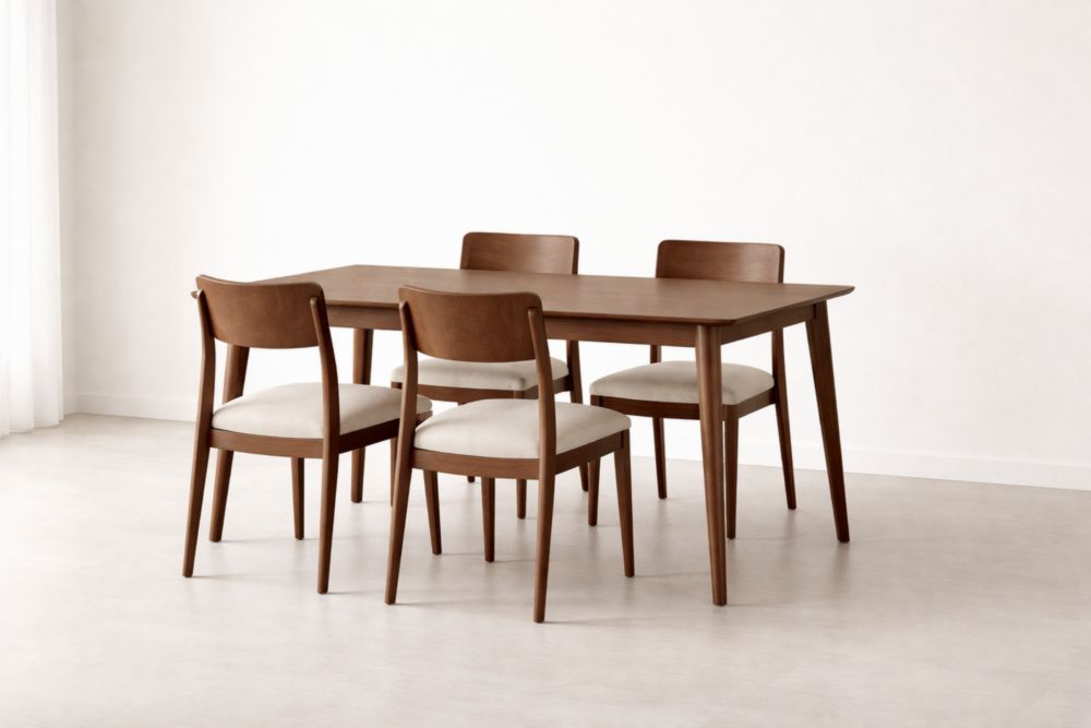 Set sala da pranzo in legno massello e tessuto beige, 4 pezzi