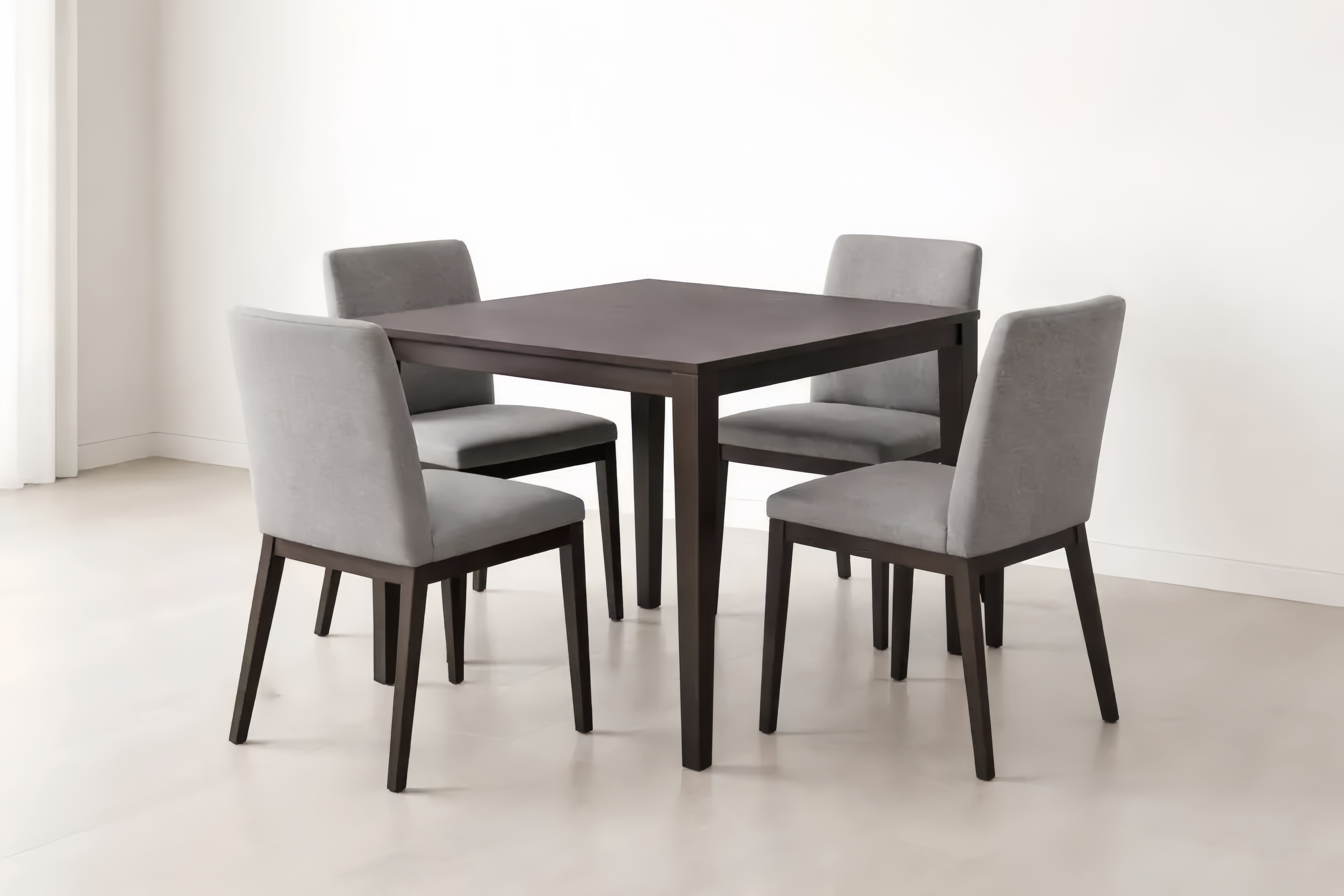 Set tavolo da pranzo quadrato in legno con 4 sedie in tessuto grigio