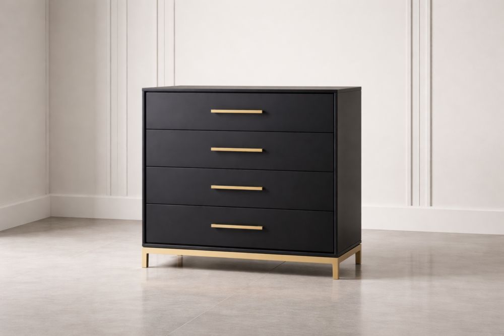 Cassettiera in Legno Nero con Base in Metallo Dorato