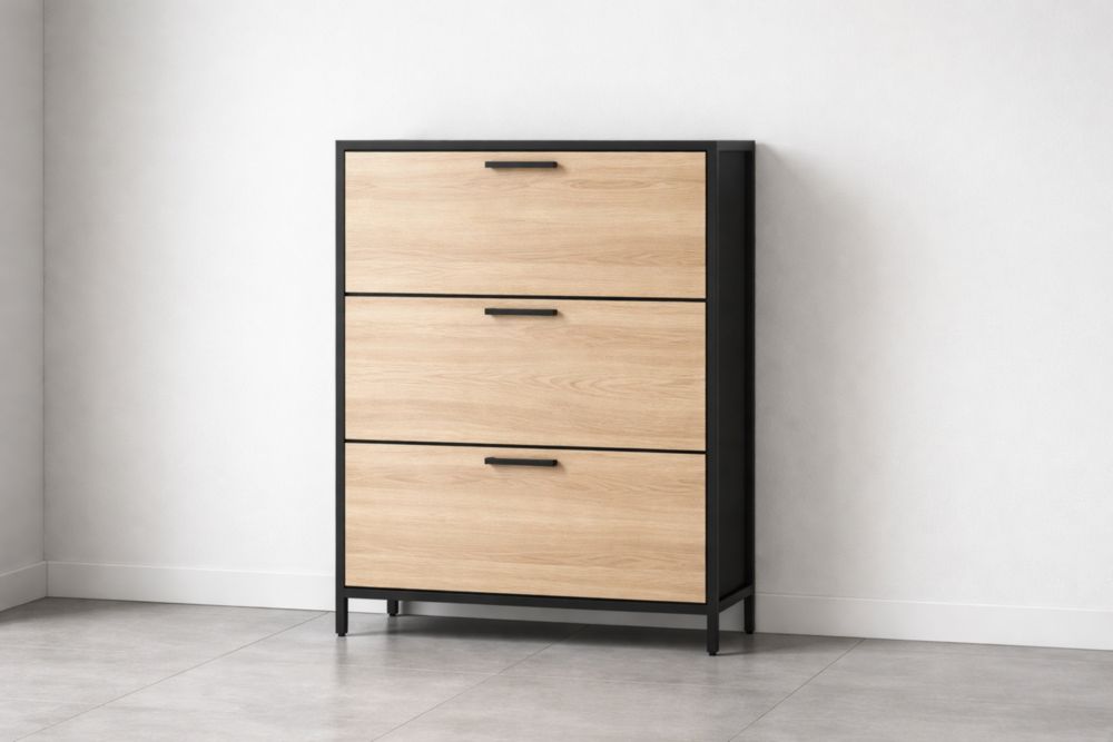 Cassettiera in MDF e Metallo Nero e Legno Chiaro 3 Cassetti