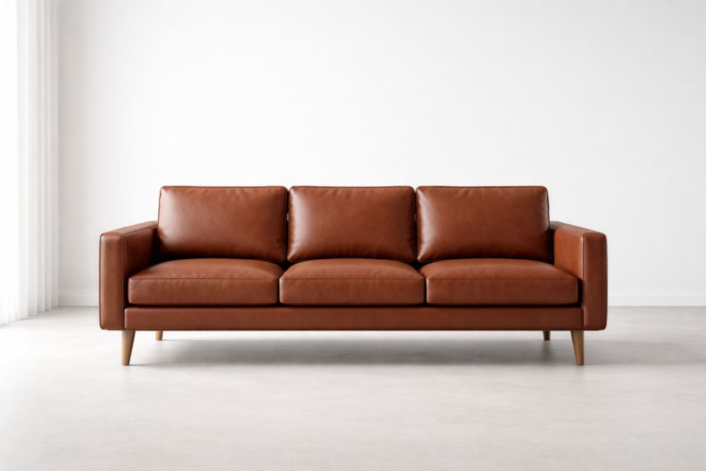 Divano 3 posti in pelle sintetica marrone con gambe in legno