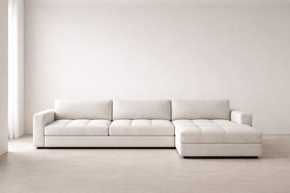 Divano Angolare con Chaise Longue in Tessuto Beige