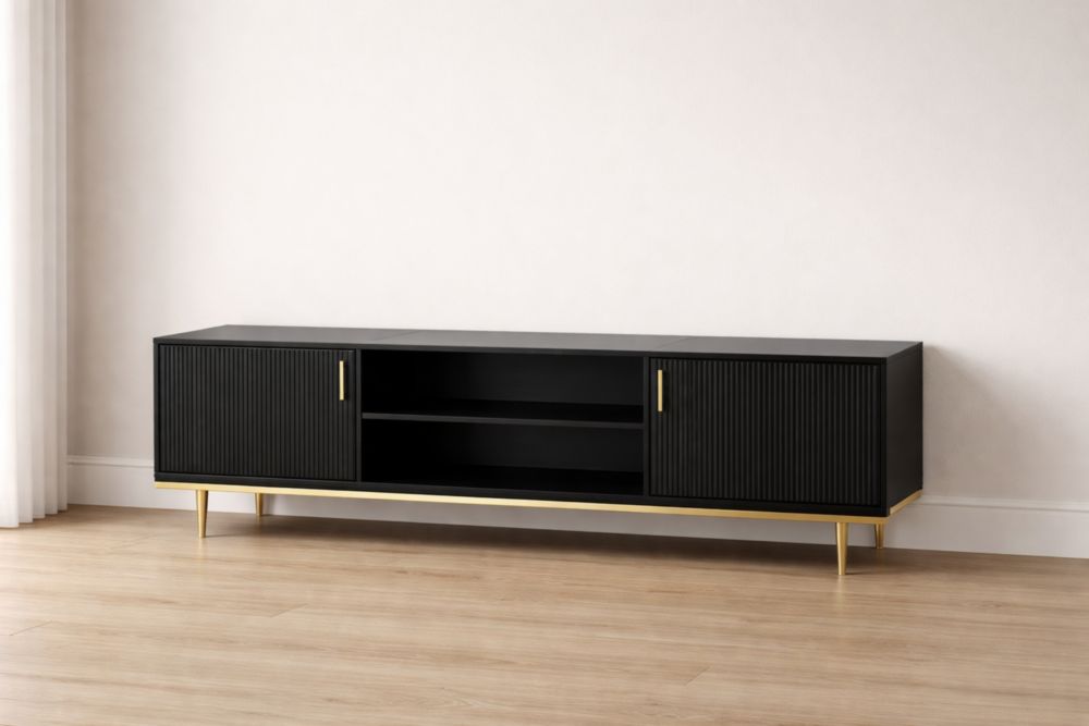 Mobile TV in legno nero con gambe in metallo dorato