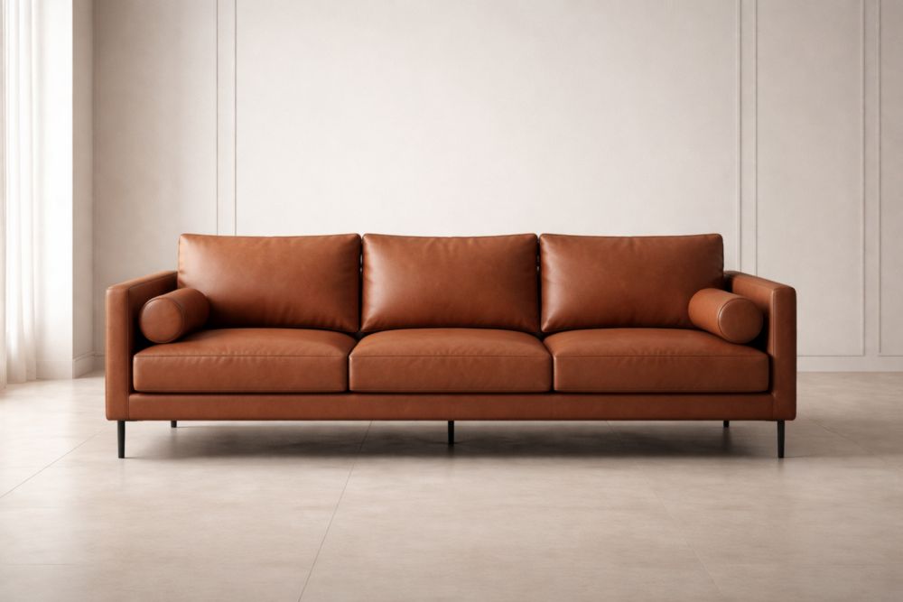 Divano in Pelle Marrone con Cuscini Rimovibili