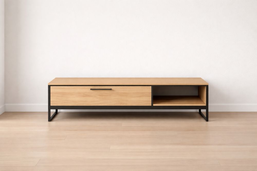 Mobile TV in Legno e Metallo con Ripiano Aperto e Cassetto