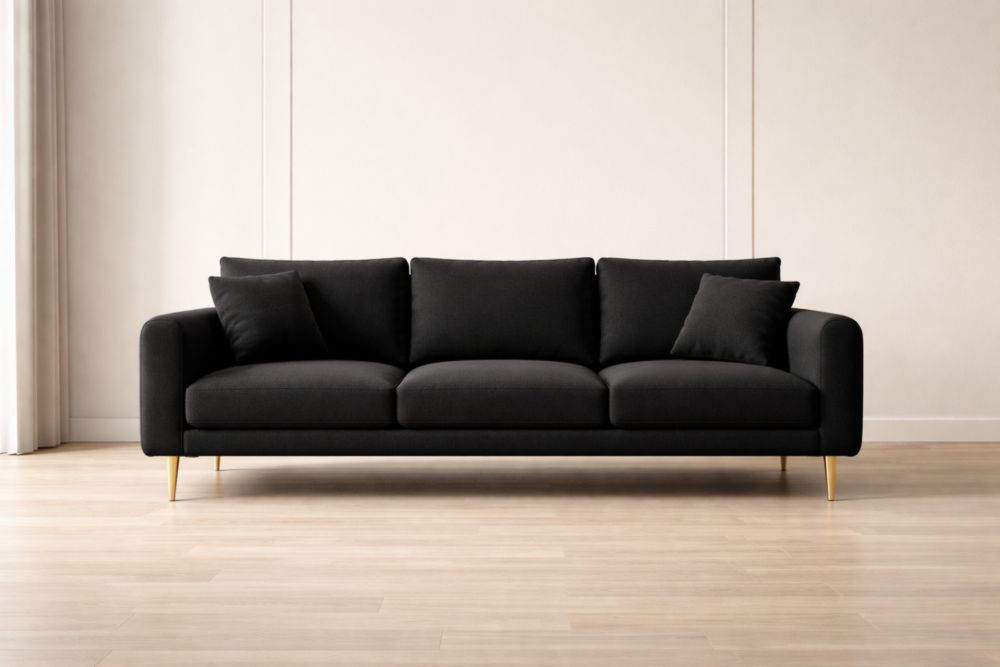 Divano a tre posti in tessuto poliestere nero con gambe in metallo dorato