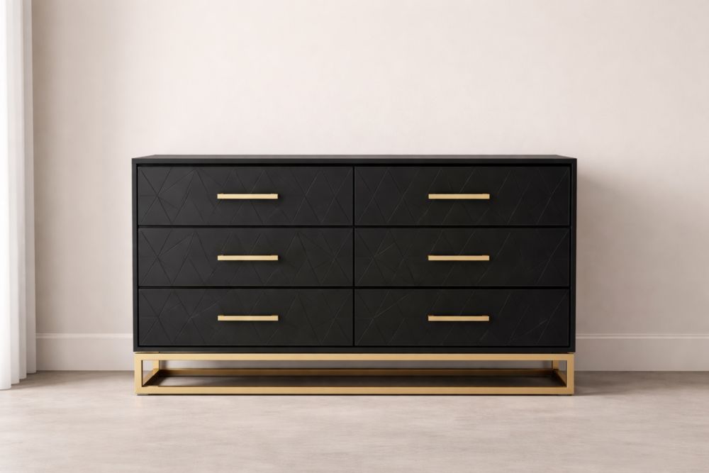 Cassettiera nera in legno MDF con gambe in metallo 6 cassetti