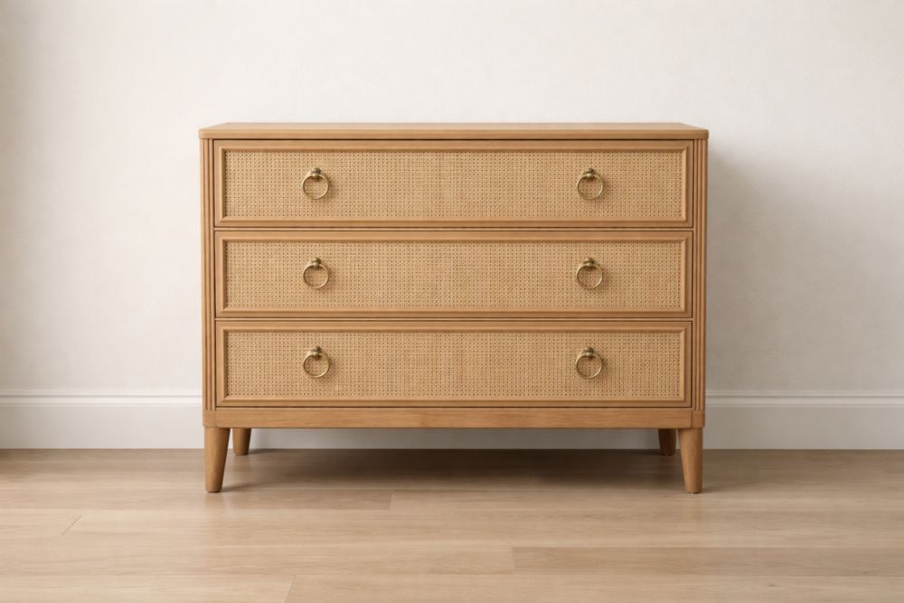 Cassettiera in Legno con Cassetti di Rattan Naturale