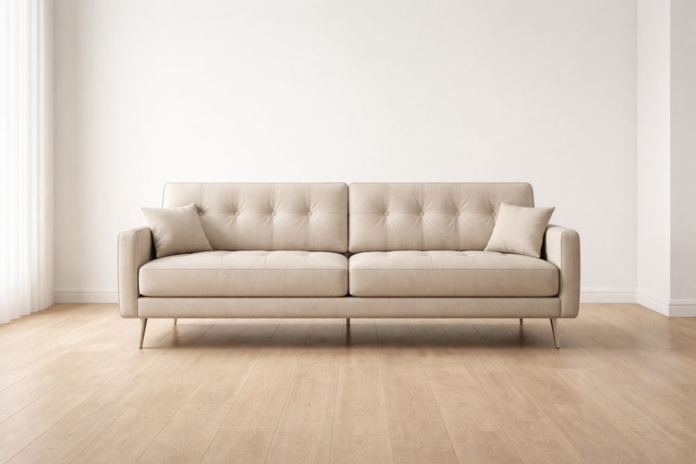 Divano a due posti in tessuto beige con gambe in metallo