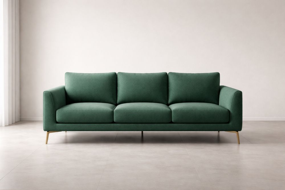 Divano 3 posti in tessuto verde con gambe in metallo