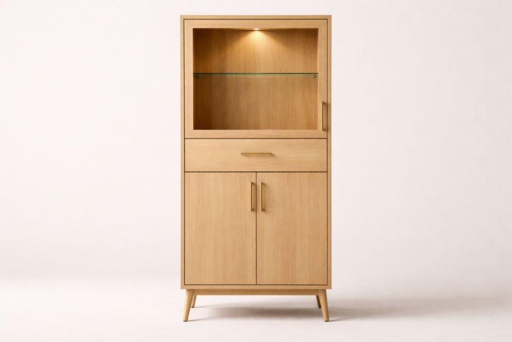 Credenza in legno rovere chiaro con ripiano in vetro e illuminazione a LED