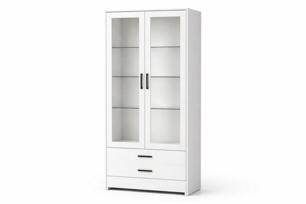 Vetrina Bianco in MDF con Porte in Vetro e Cassetti