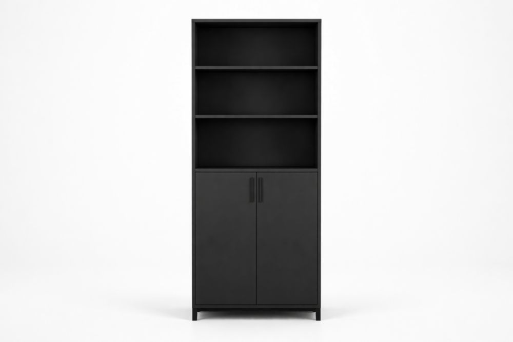 Libreria in MDF nero con ante e ripiani