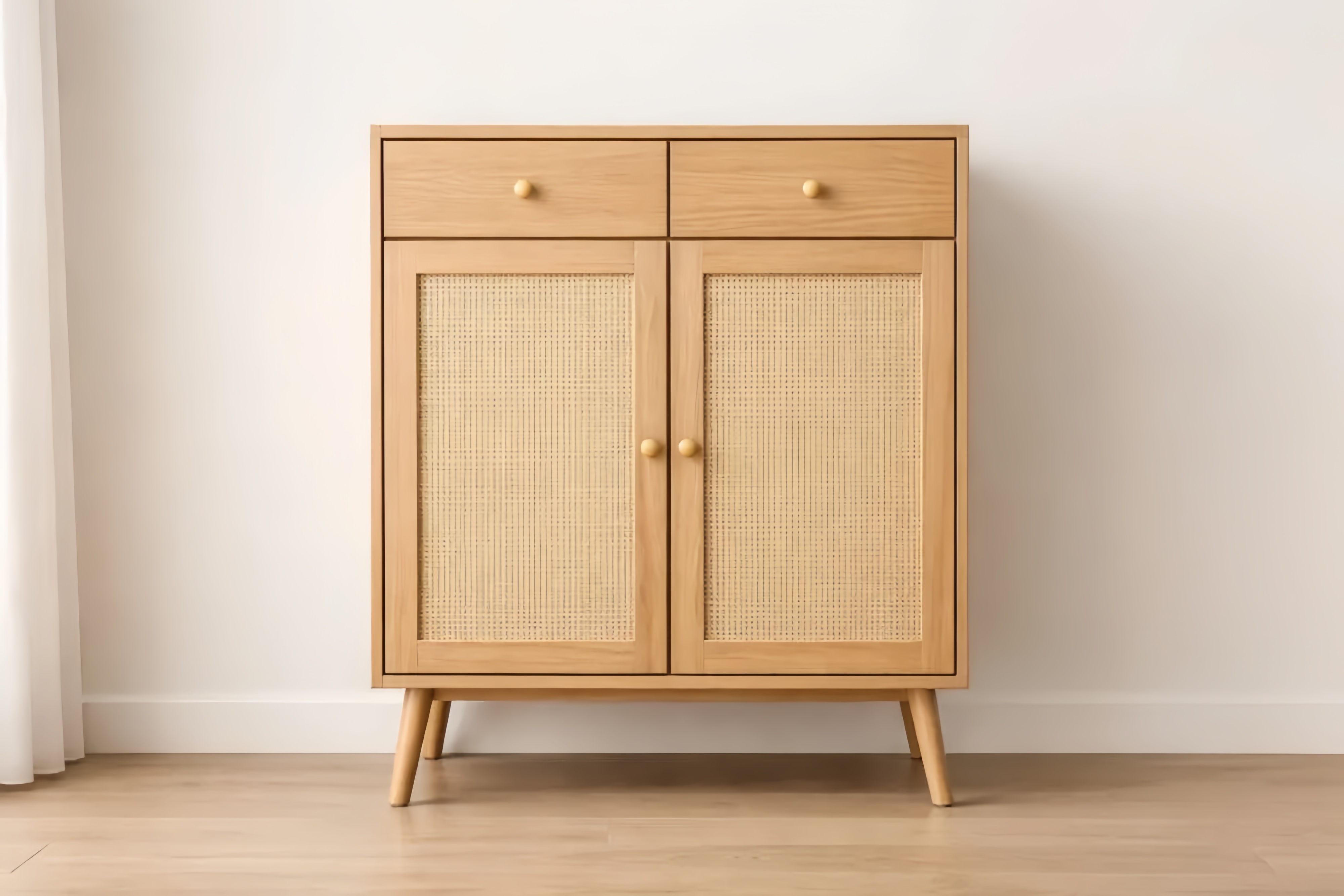 Credenza in Legno Massello e Rattan con Due Cassetti e Ante