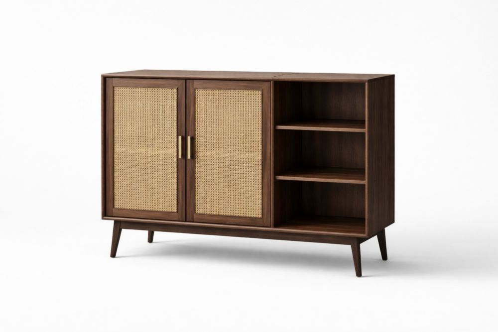 Credenza in legno di noce massello con ante in rattan Larghezza120cm x Altezza85cm x Profondità35cm