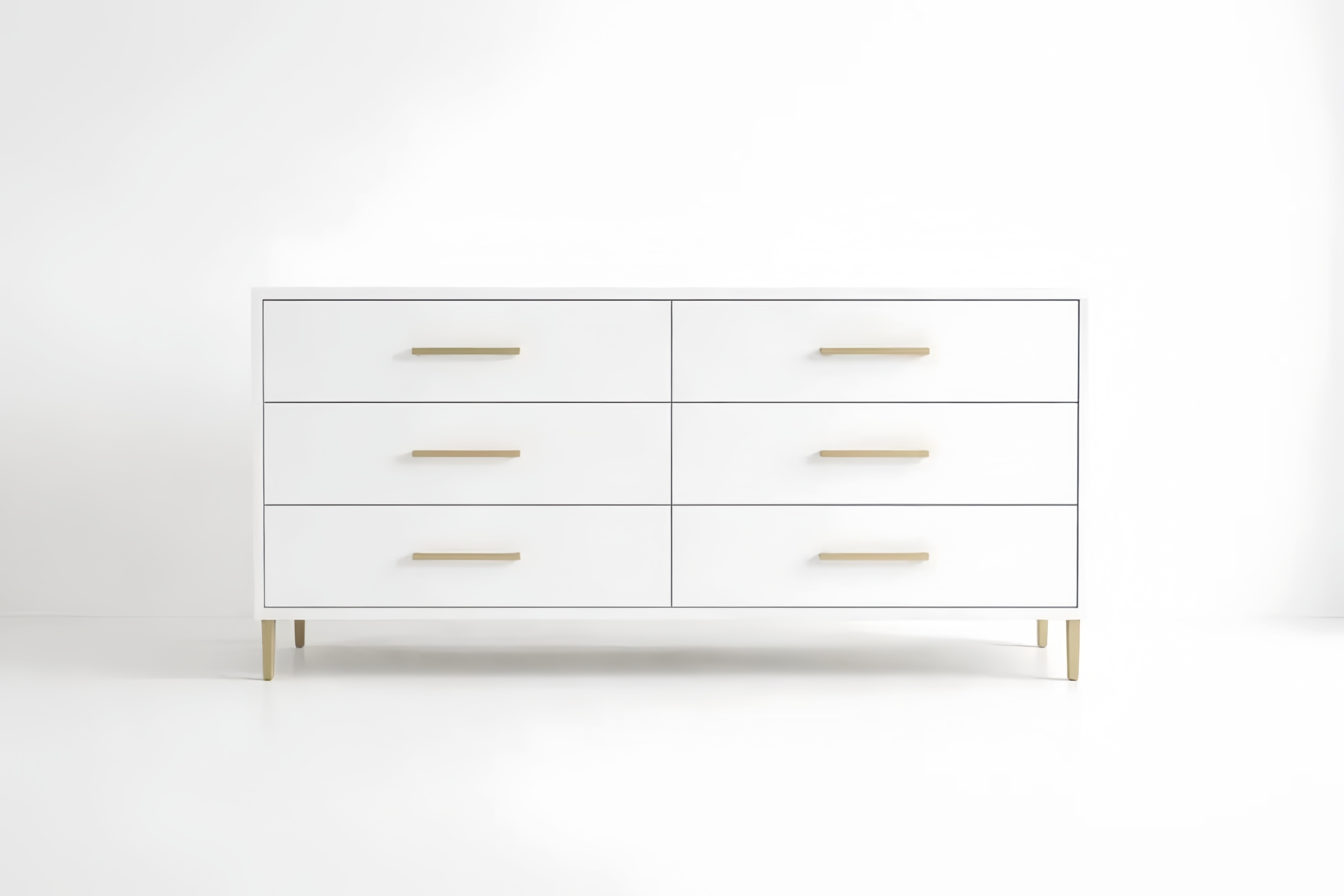 Cassettiera a 6 cassetti in MDF bianco con maniglie in lega di alluminio dorato